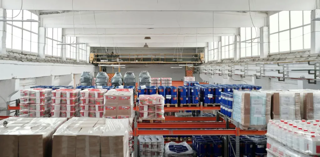 A Warehouse Interior Filled With Stacked Boxes Of Various Sizes, Creating A Busy And Organized Storage Environment