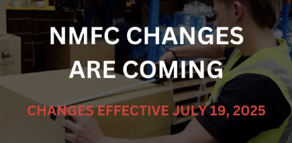 Announcement Graphic Stating Nmfc Changes Are Coming With A Bold Font And A Background Of Abstract Shapes