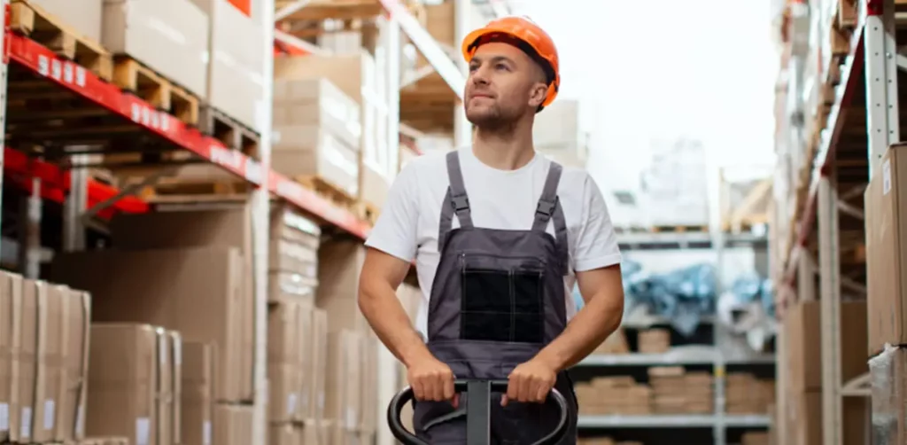 A Man Wearing Overalls Stands In A Spacious Warehouse, Surrounded By Shelves And Boxes
