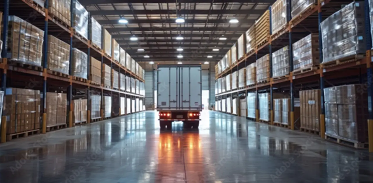 A Truck Drives Down A Warehouse Aisle, With Shelves On Either Side Displaying An Array Of Items For Storage