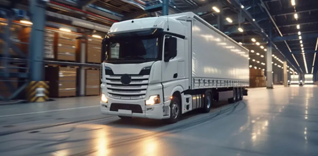 A White Truck Navigates Through The Interior Of A Spacious Warehouse, Surrounded By Shelves And Storage Items