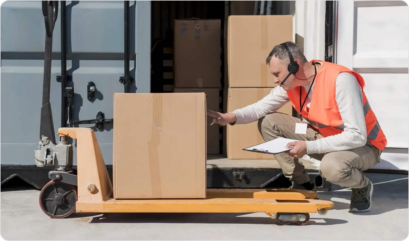 Full Shot Man With Pallet Truck