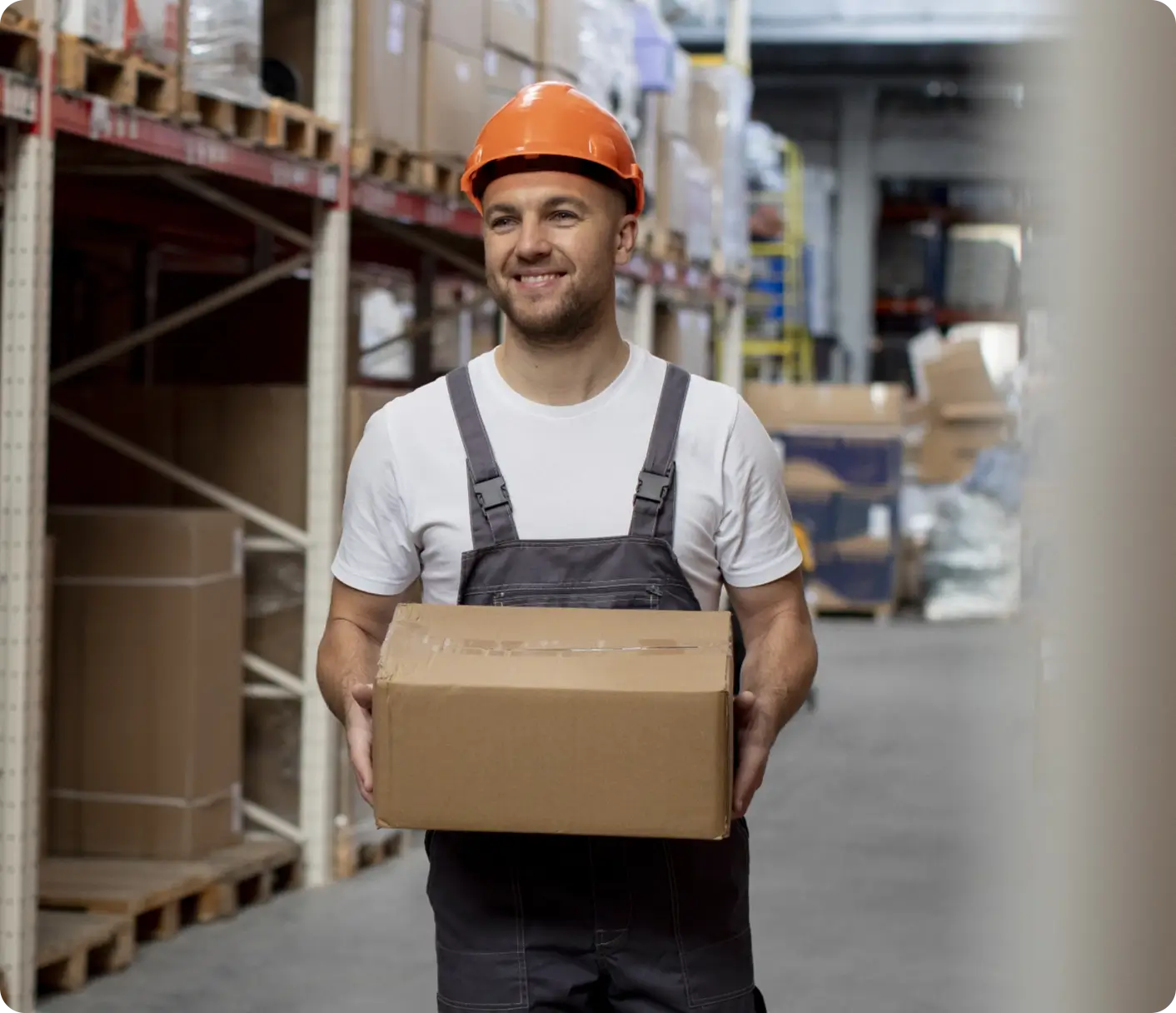 Smiley Man Carrying Box Medium Shot