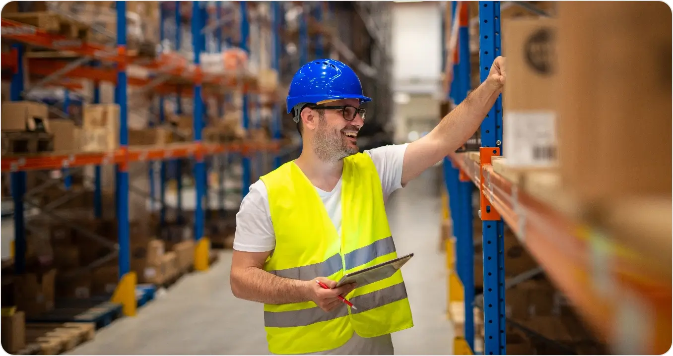 Warehouse Worker Looking Shelves With Packages Checking Inventory Large Warehouse Storage Distribution Area
